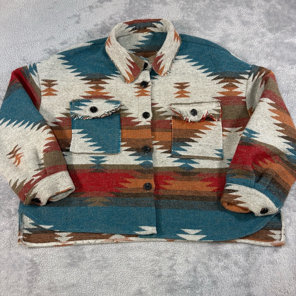 Southwestern Collar Single Breasted Women Geometric Thick Shirt Cardigan Jacket